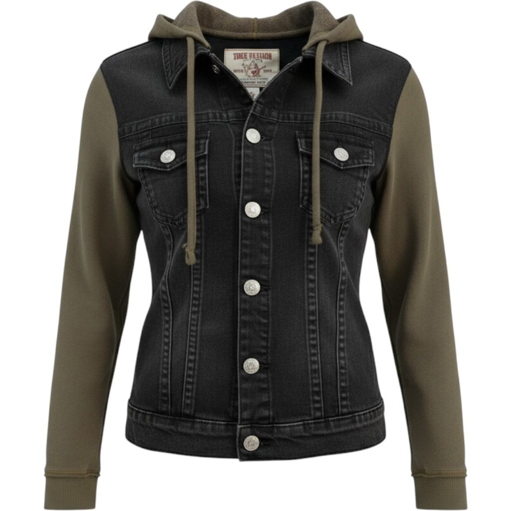 True Religion NWT Women's Denim Jacket With Sweatshirt Sleeves Small